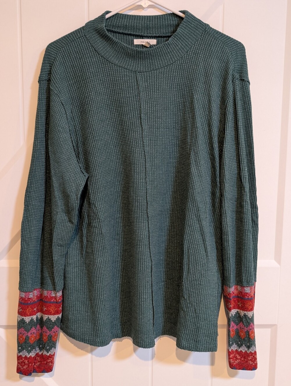 Womenās Green Waffle Knit Sweater with Patterned Cuffs